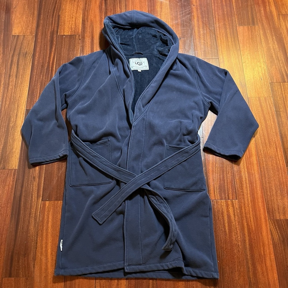 UGG Robe Adult L/XL Navy Blue Fleece Belted Hooded Home Comfort Indoors FLAWED
